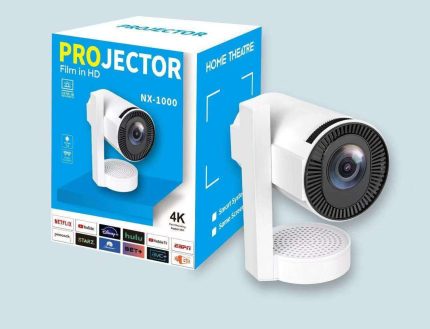 Sky Shine NX-1000 Z11 Mini Portable Projector. It features 720P HD native resolution with 4K decoding support. The projector has a 270-degree adjustable design for flexible viewing angles. It operates on an Android 13 smart system and includes apps like Netflix and YouTube. Connectivity options include dual-band WiFi (2.4G/5GHz) and Bluetooth. Key features include auto keystone correction and built-in stereo speakers. 